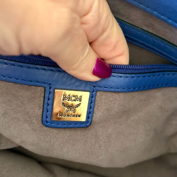 MCM Navy Crocodile Embossed Satchel with Gold Studs - Picture 5 of 11